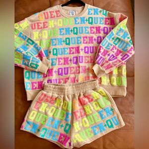 RARE Queen of sparkles Neon Queen Sweatshirt and Shorts Set